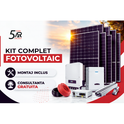 Sistem complet fotovoltaic 8 kWp cu invertor hibrid Deye 6 kW trifazat LV si stocare 14,33 kWh
